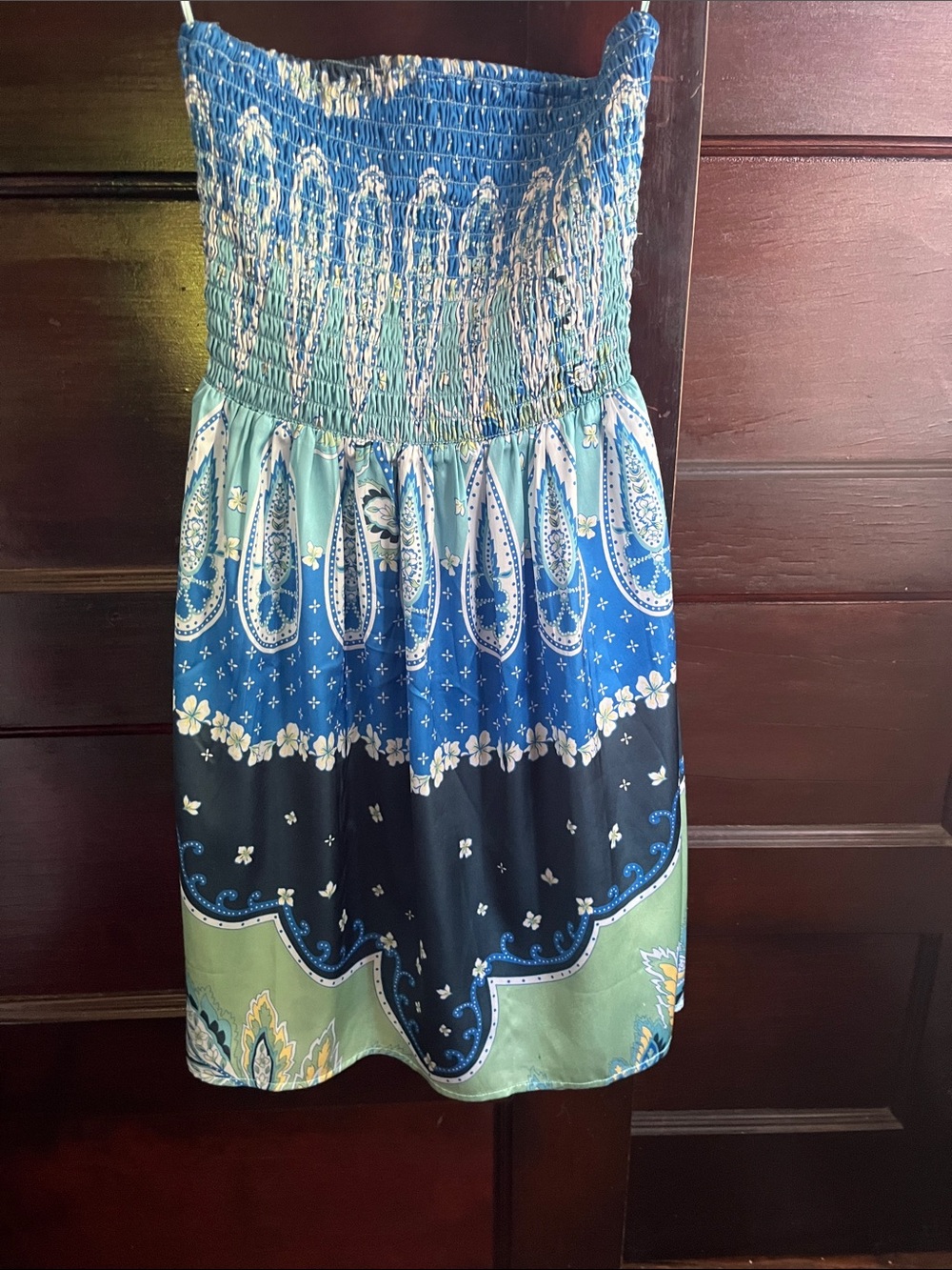 Elan Blue and Teal Paisley Smocked Mini Skirt